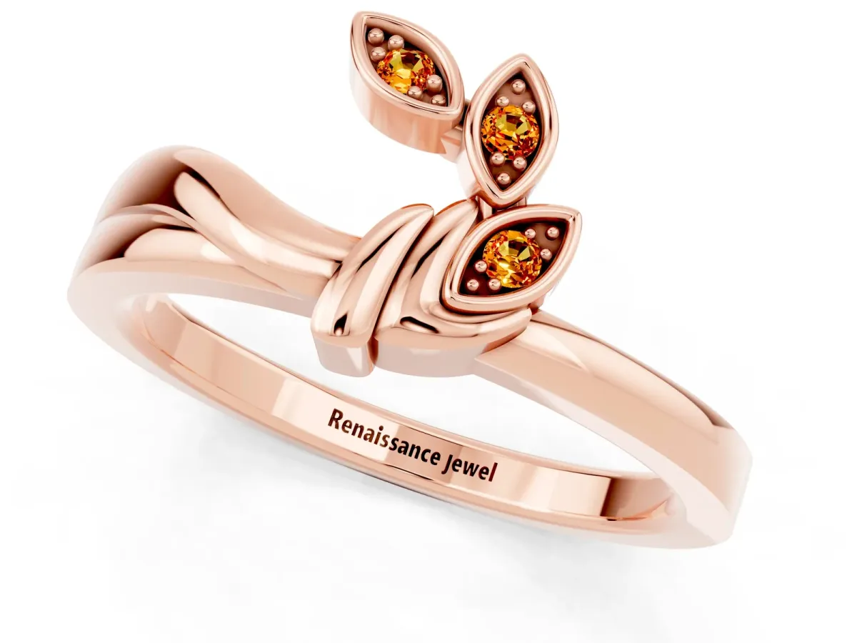 Three-Stone Round Citrine Leaf Bypass Ring with Bezel Setting Rose gold