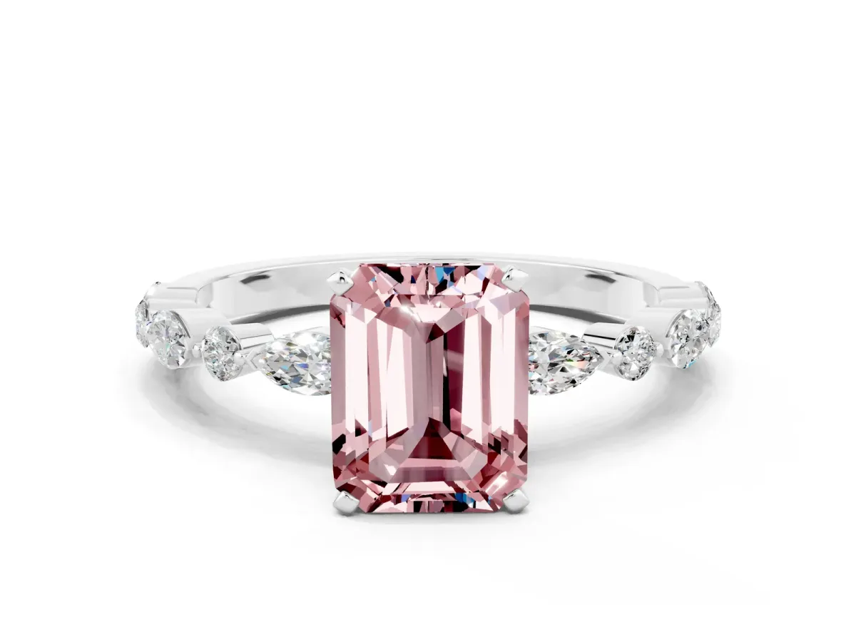 Emerald Cut Morganite Ring with Marquise and Round Side Stones and Four-Prong Setting Platinum