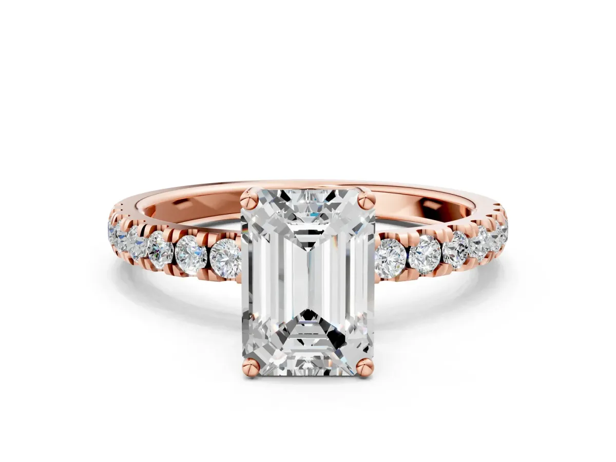 Emerald Cut Diamond Pave Band Solitaire Ring with Round Moissanite and Prong Setting Rose gold