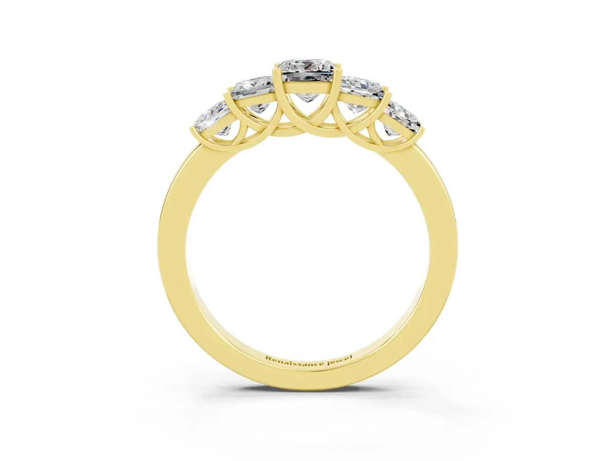 Princess Cut Five-Stone Moissanite Ring with Classic Prong Setting Yellow gold