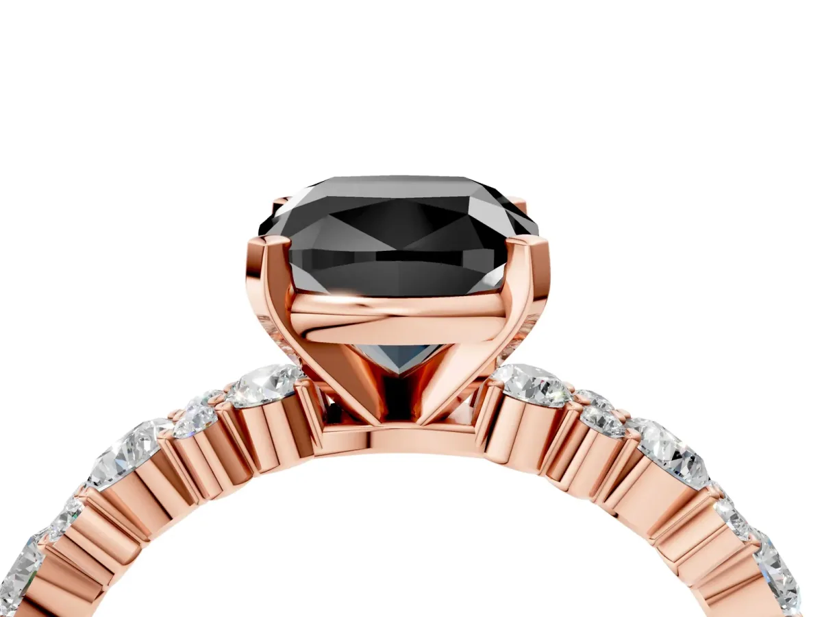 Fancy Black Cushion Cut Diamond Side Stone Solitaire Ring with Round and Four-Prong Setting Rose gold