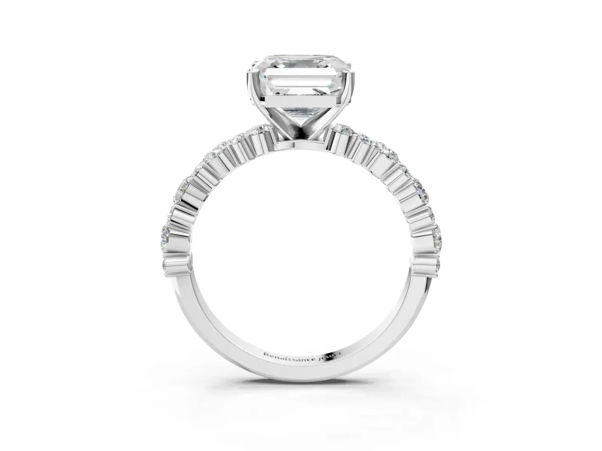 Asscher Cut Diamond Side Stone Solitaire Ring with Round and Four-Prong Setting Platinum