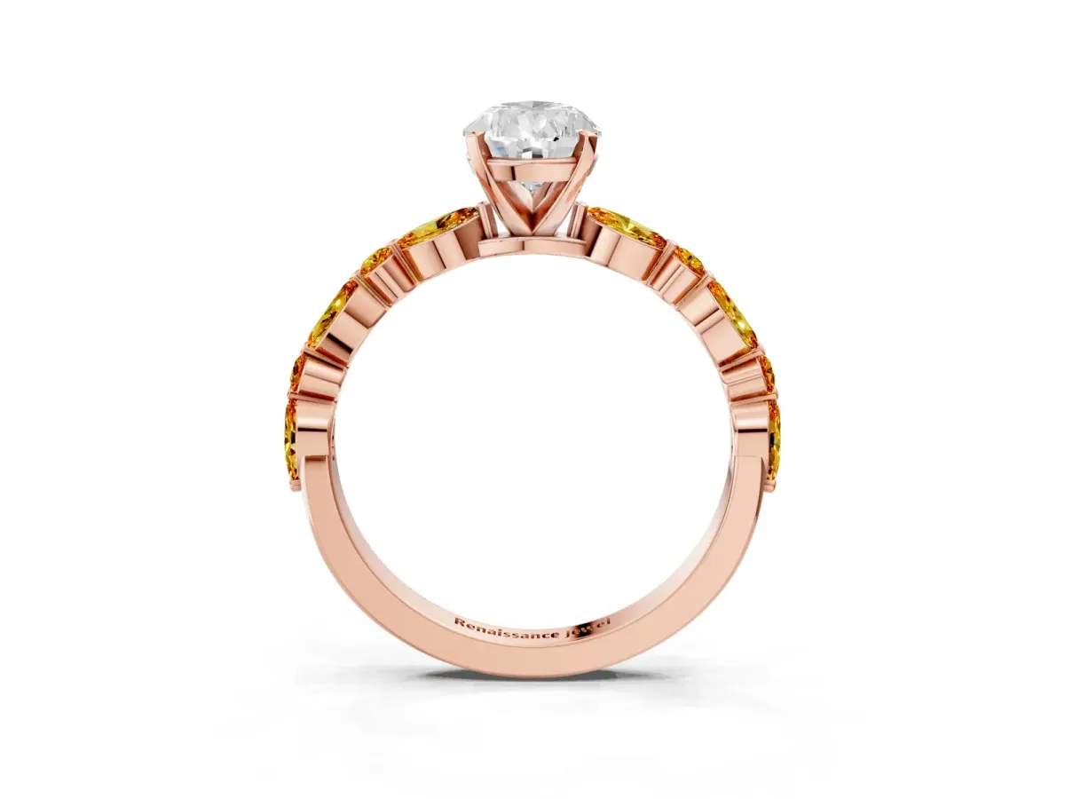 Pear Cut Diamond Ring with Marquise and Round Citrine Side Stones and Four-Prong Setting Rose gold