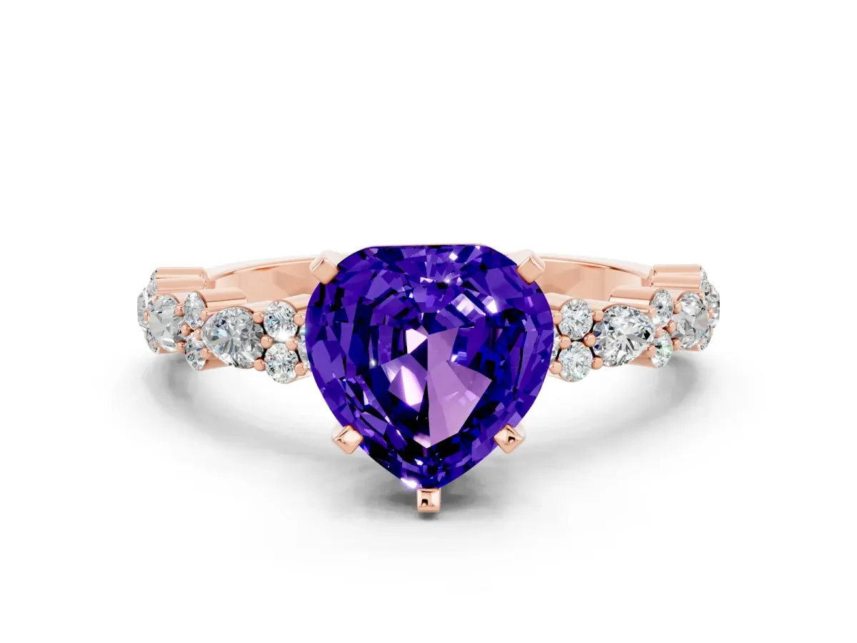 Heart Cut Tanzanite Side Stone Solitaire Ring with Round and Four-Prong Setting Rose gold