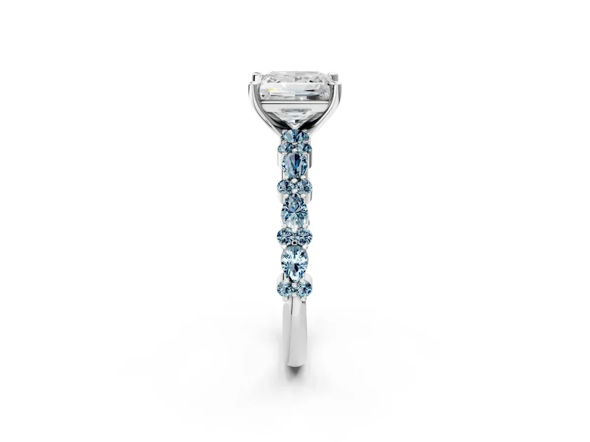 Princess Cut Diamond Side Stone Solitaire Ring with Round Aquamarine and Four-Prong Setting Platinum