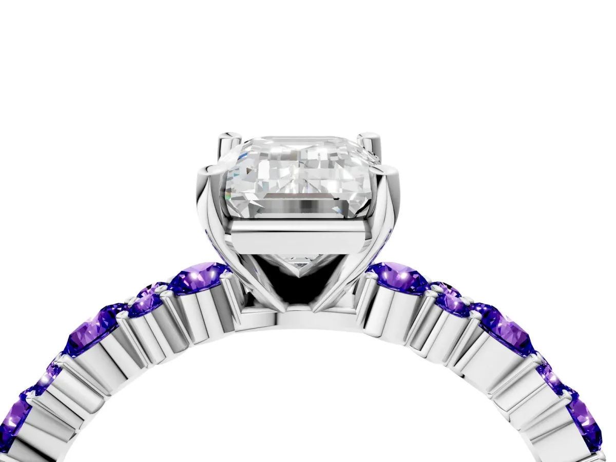 Emerald Cut Diamond Side Stone Solitaire Ring with Round Tanzanite and Four-Prong Setting White gold