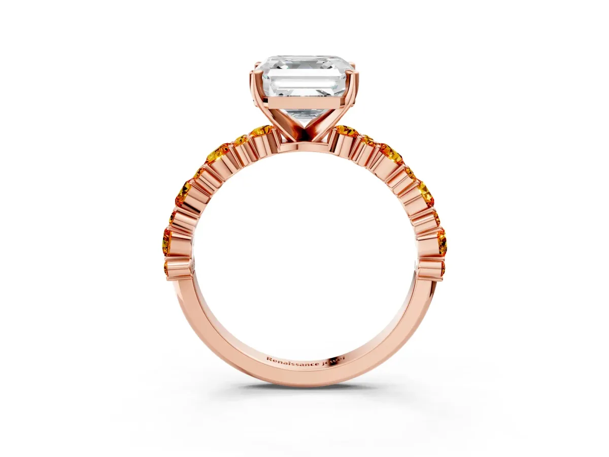 Asscher Cut Diamond Side Stone Solitaire Ring with Round Citrine and Four-Prong Setting Rose gold