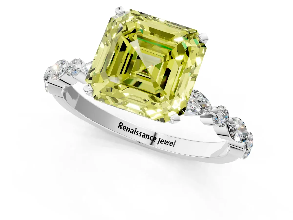 Fancy Yellow Asscher Cut Diamond Ring with Marquise and Round Side Stones and Four-Prong Setting Platinum