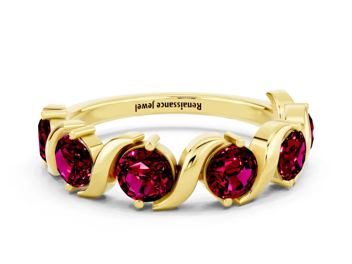 Six-Stone Round Garnet Wave Band with Shared Prong Setting Yellow gold