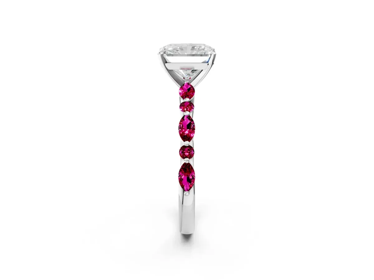 Radiant Cut Diamond Ring with Marquise and Round Garnet Side Stones and Four-Prong Setting Silver
