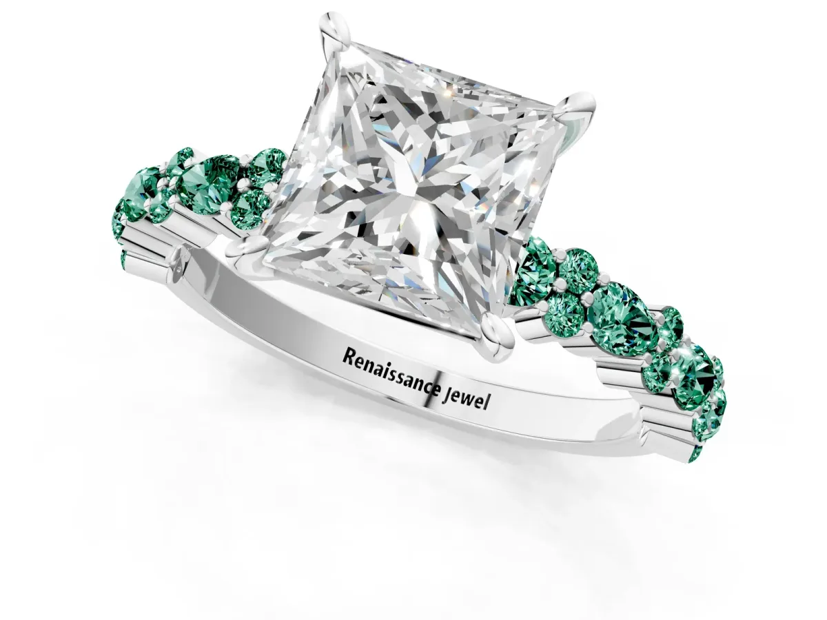 Princess Cut Diamond Side Stone Solitaire Ring with Round Green Sapphire and Four-Prong Setting Platinum
