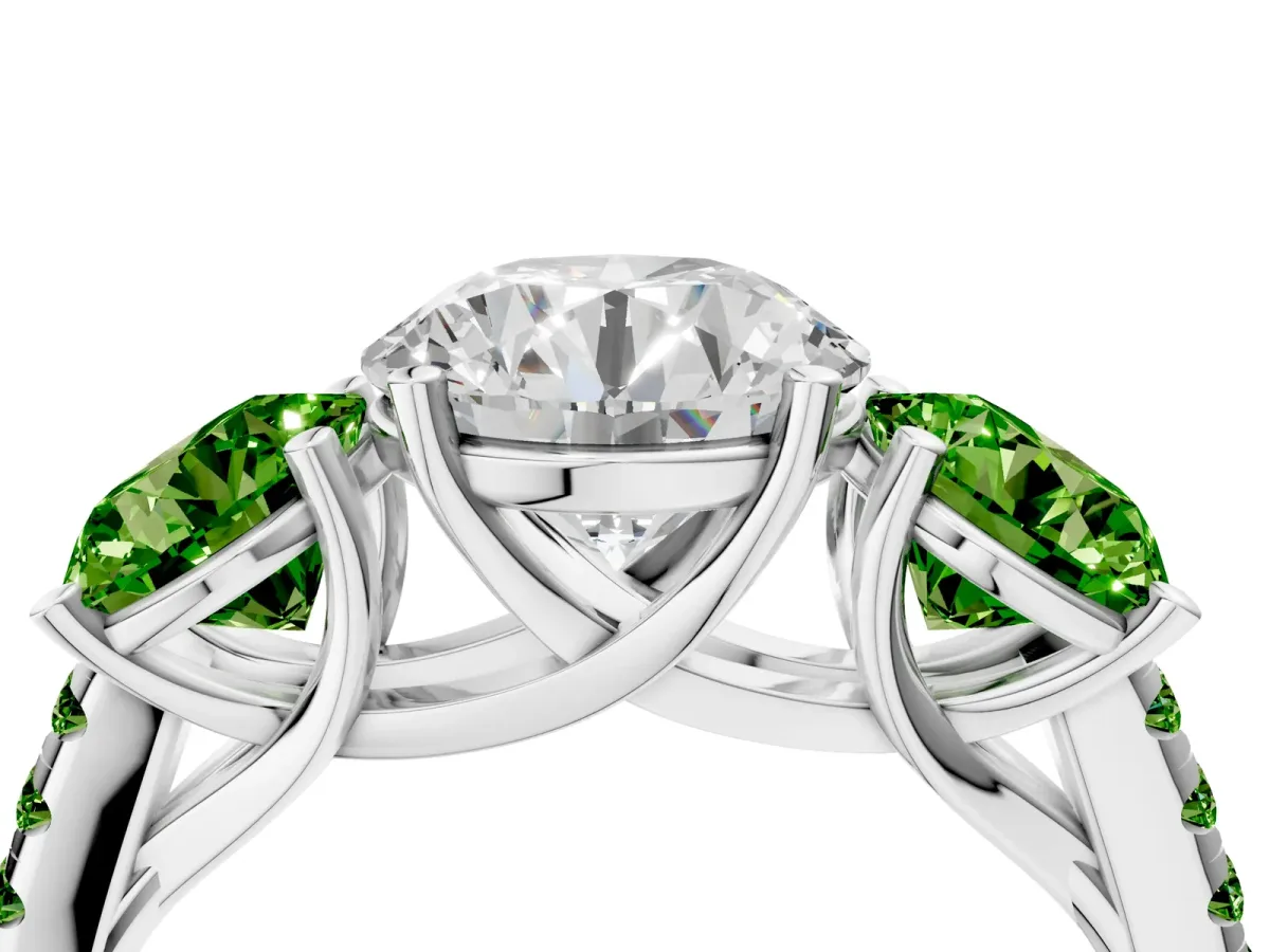 Three-Stone Round Cut Diamond Ring with Round Peridot Pavé Band and Prong Setting White gold