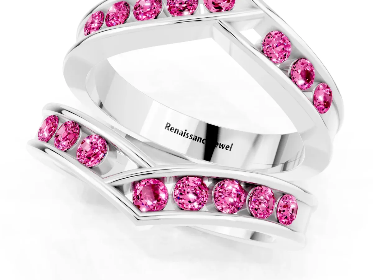 Round Pink Sapphire Channel-Set Chevron Band Platinum