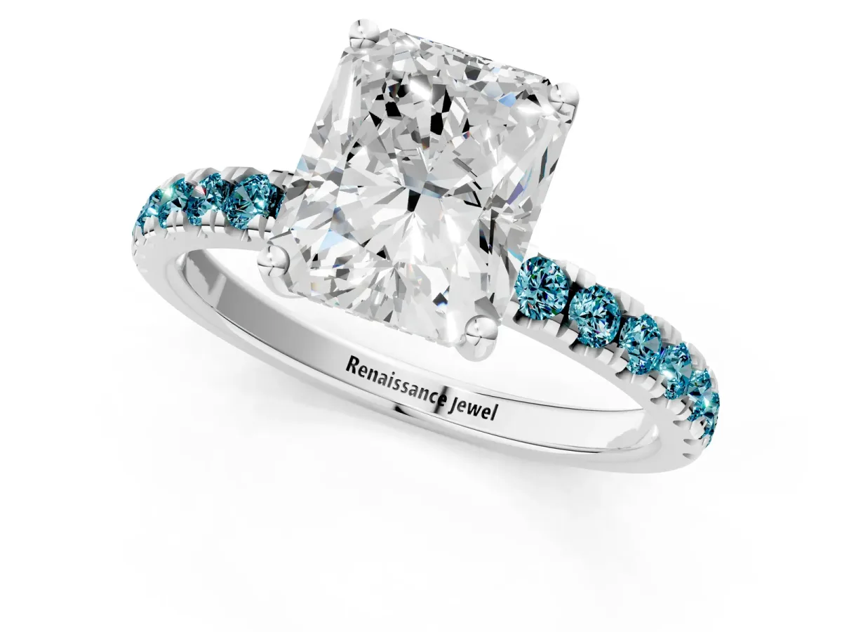 Radiant Cut Diamond Pave Band Solitaire Ring with Round Blue Topaz and Prong Setting Platinum