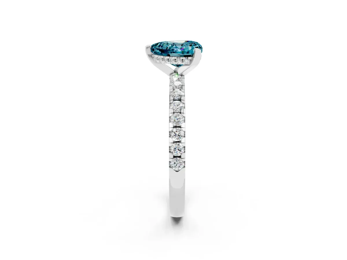Heart Cut Blue Topaz Solitaire Ring with Round Pavé Band and Four-Prong Setting Platinum
