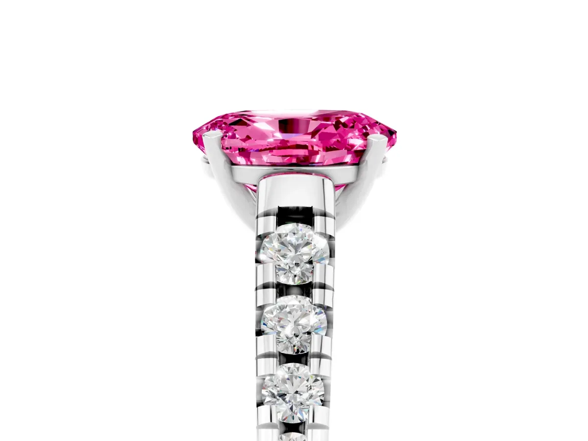 Oval Cut Pink Sapphire Cathedral Solitaire Ring with Round Pavé Band Silver
