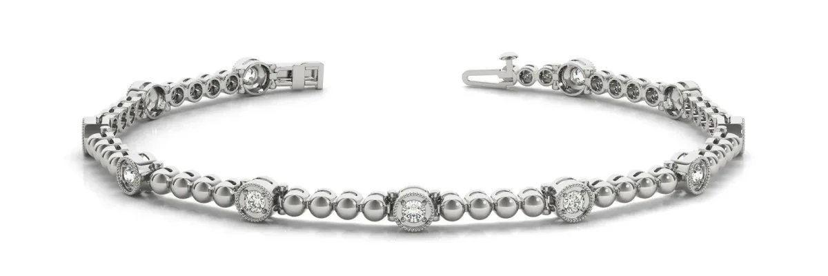Bezel Set Round Diamond Tennis Bracelet with Milgrain Detailing White gold