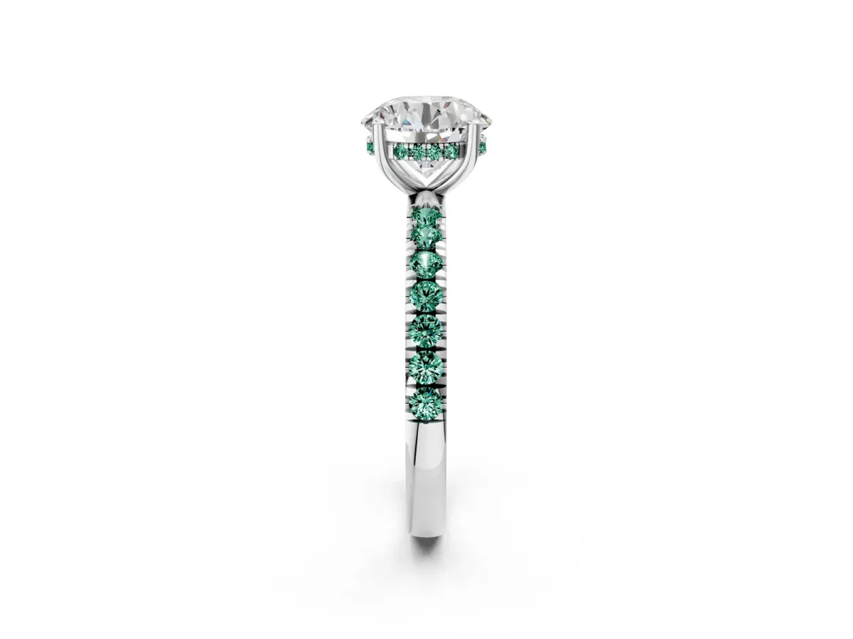 Round Cut Diamond Pave Band Solitaire Ring with Round Green Sapphire and Prong Setting Platinum