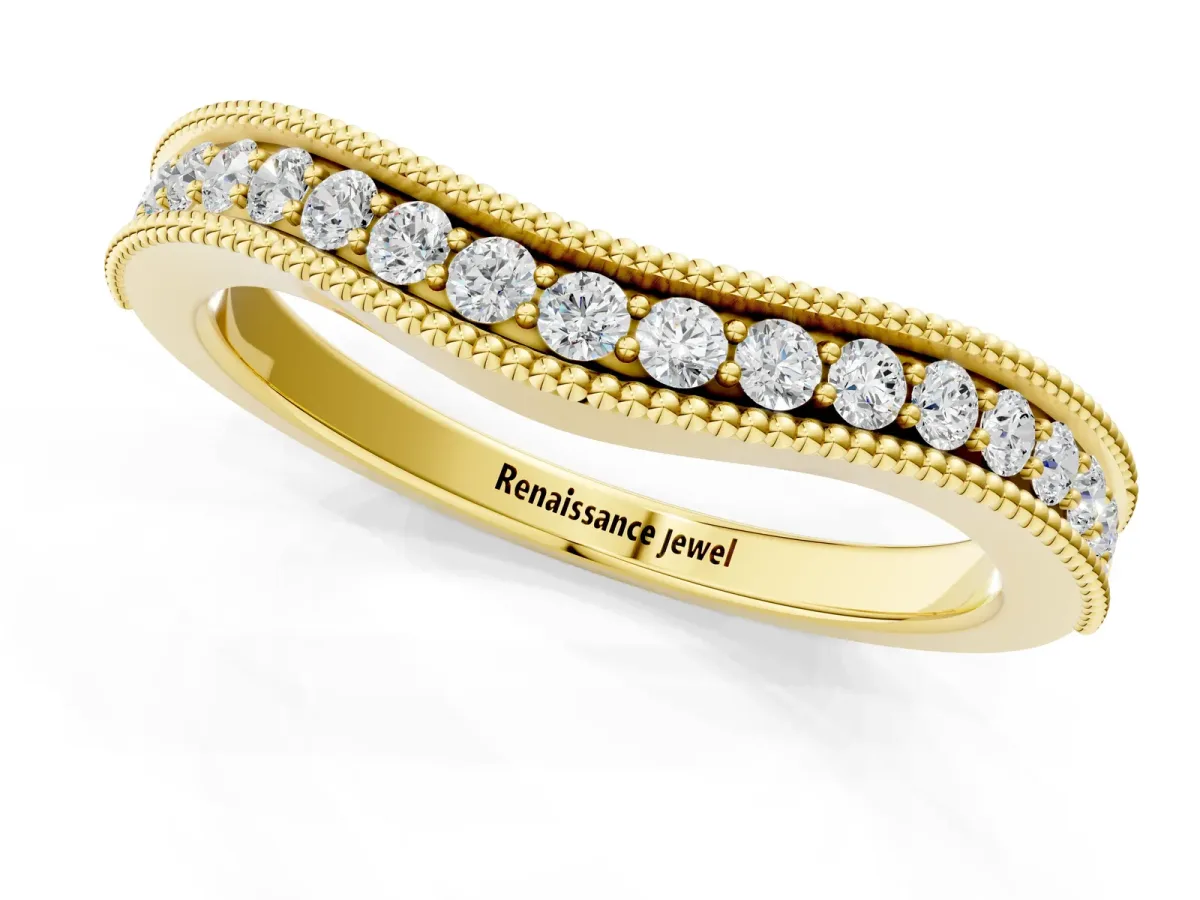 Pavé Round Diamond Contour Band with Milgrain Edge Yellow gold