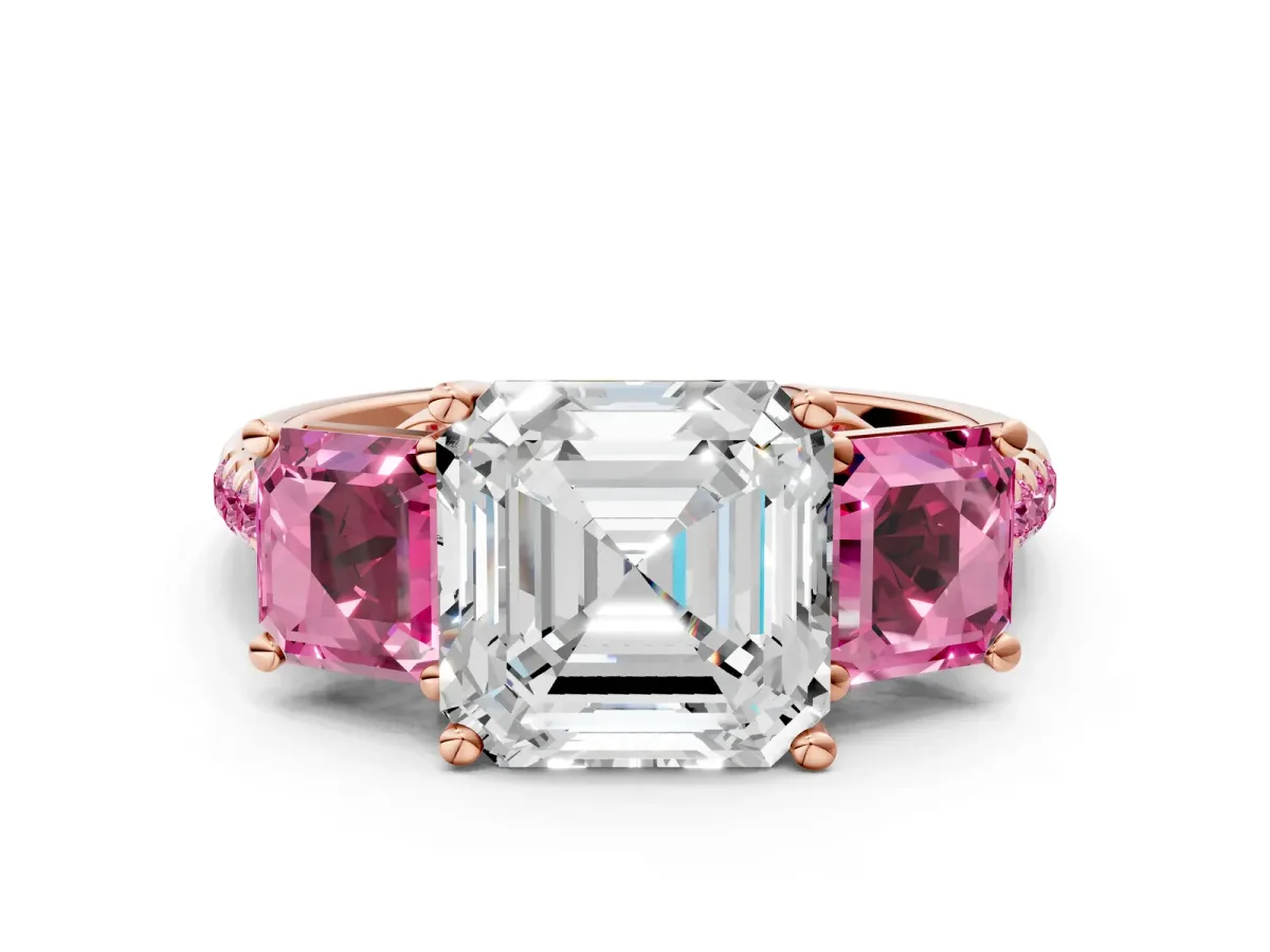 Three-Stone Asscher Cut Diamond Ring with Round Pink Sapphire Pavé Band and Prong Setting Rose gold