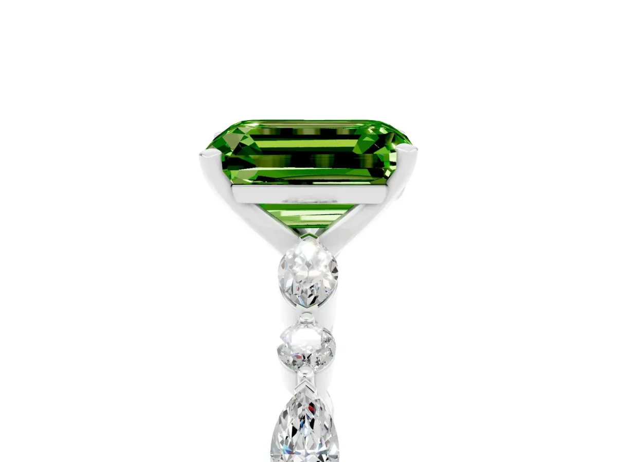 Emerald Cut Peridot Ring with Marquise and Round Side Stones and Four-Prong Setting White gold