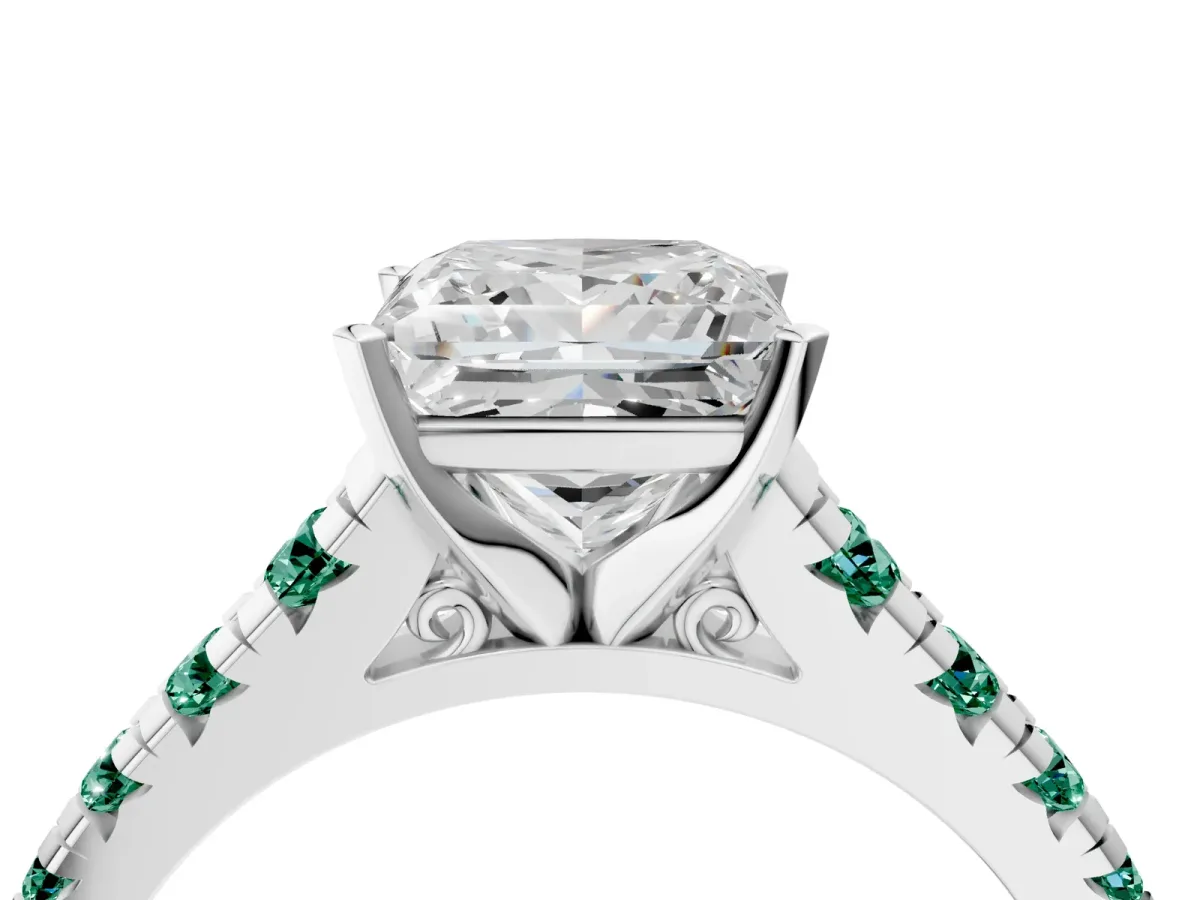 Princess Cut Diamond Cathedral Solitaire Ring with Round Green Sapphire Pavé Band Silver
