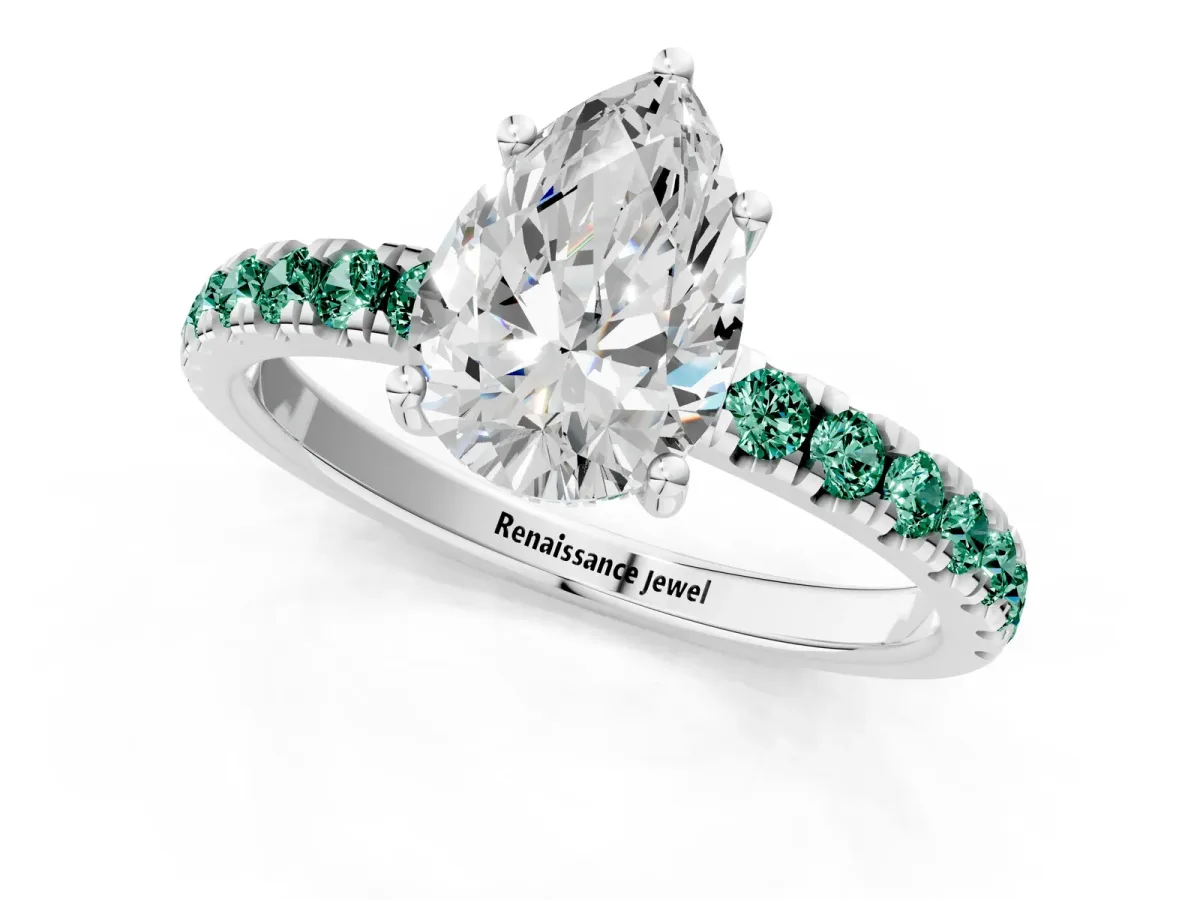 Pear Cut Diamond Pave Band Solitaire Ring with Round Green Sapphire and Prong Setting White gold