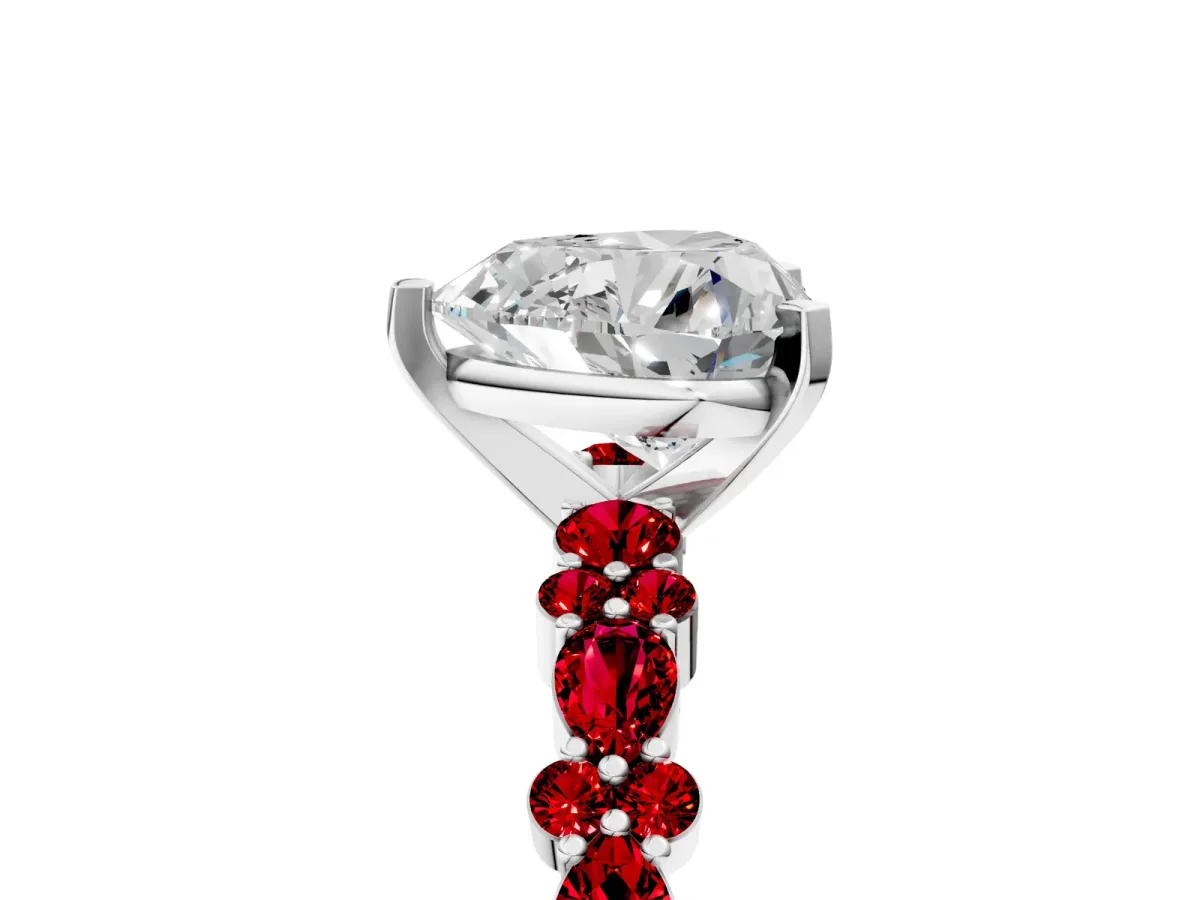 Heart Cut Diamond Side Stone Solitaire Ring with Round Ruby and Four-Prong Setting Platinum