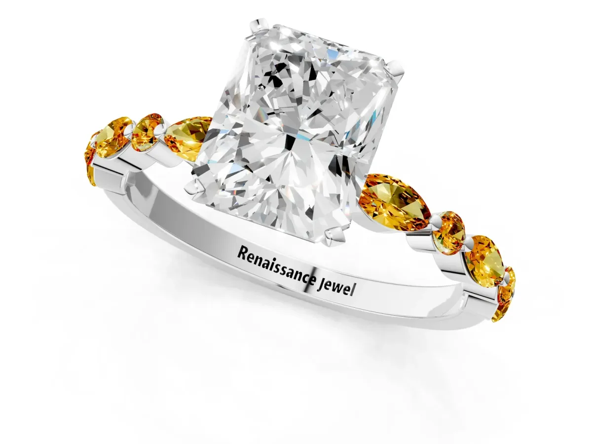 Radiant Cut Diamond Ring with Marquise and Round Citrine Side Stones and Four-Prong Setting Silver