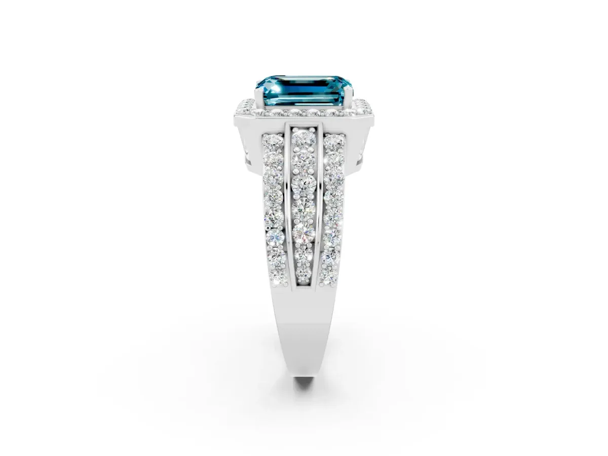Emerald Cut Halo Blue Topaz Ring with Round Split Shank and Prong Setting White gold