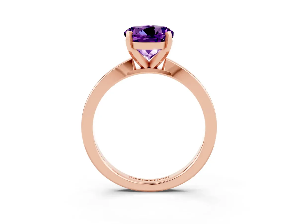 Round Cut Amethyst Solitaire Engagement Ring with Classic Band and Four-Prong Setting Rose gold