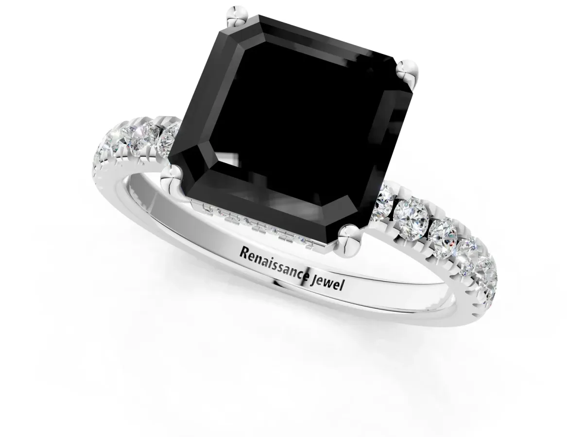 Fancy Black Asscher Cut Diamond Pave Band Solitaire Ring with Round and Prong Setting White gold