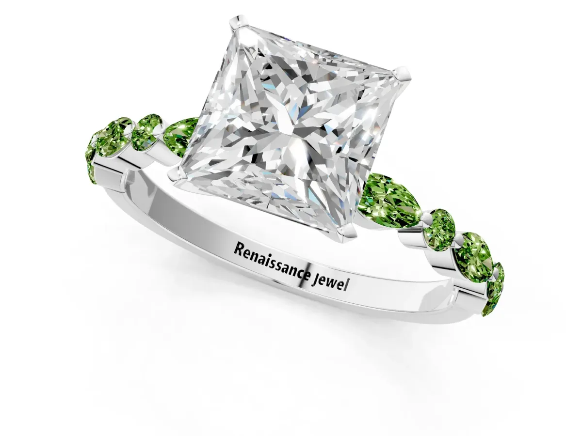Princess Cut Diamond Ring with Marquise and Round Peridot Side Stones and Four-Prong Setting Silver