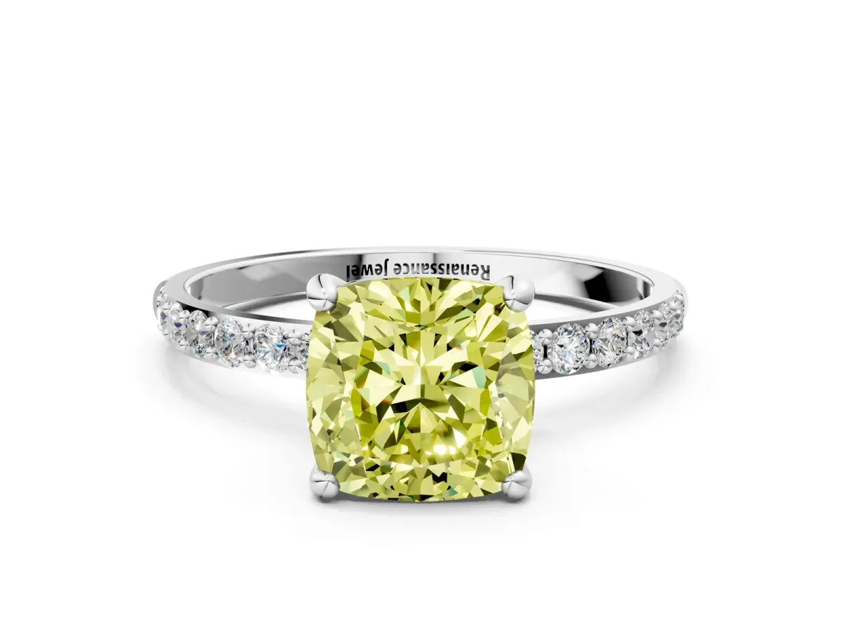 Fancy Yellow Cushion Cut Diamond Solitaire Ring with Round Pavé Band and Prong Setting White gold