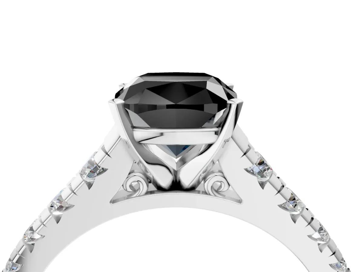 Fancy Black Cushion Cut Diamond Cathedral Solitaire Ring with Round Pavé Band Platinum