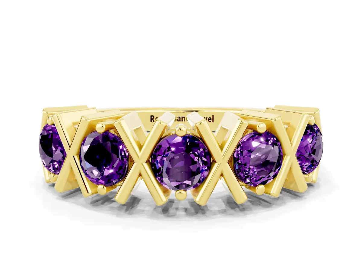 Round Amethyst Channel Set Band with X-Prong Detail Yellow gold
