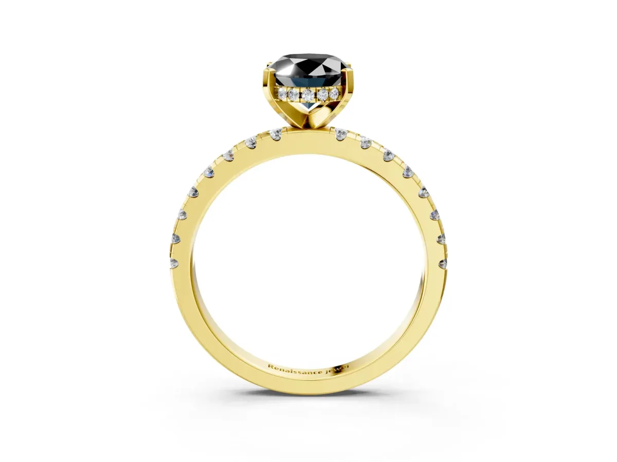 Fancy Black Oval Cut Diamond Solitaire Ring with Round Pavé Band and Four-Prong Setting Yellow gold
