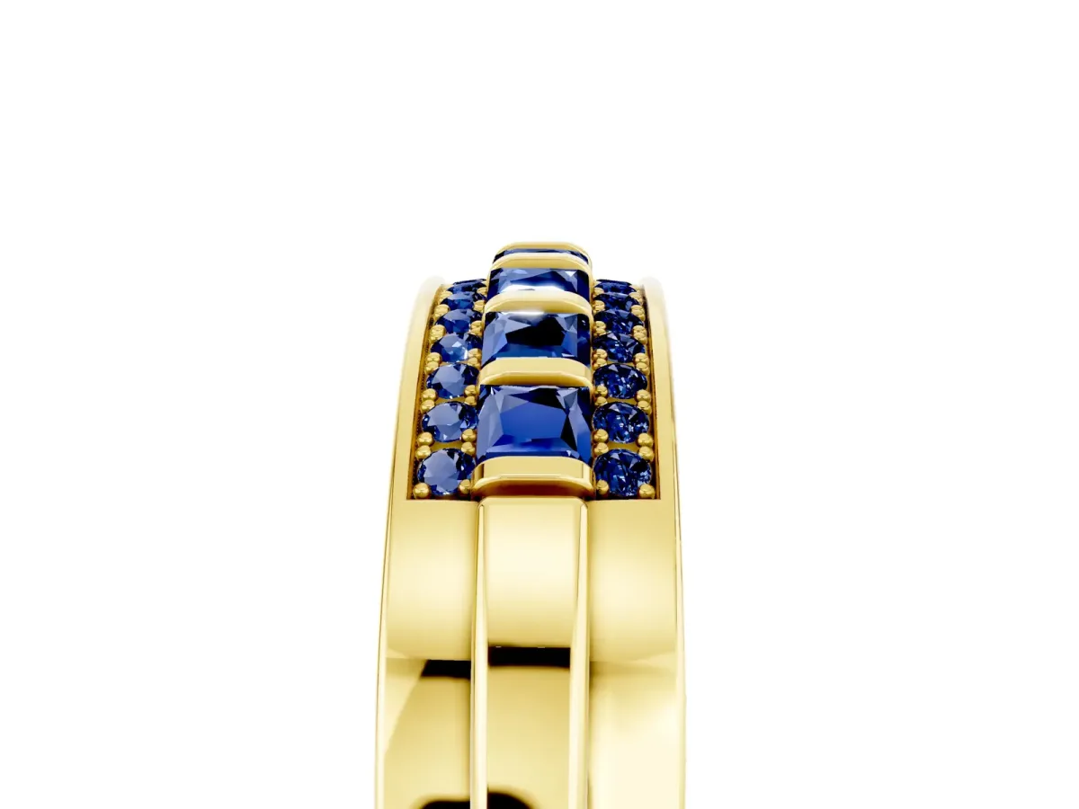 Bar-Set Princess Cut Blue Sapphire Pavé Band Yellow gold