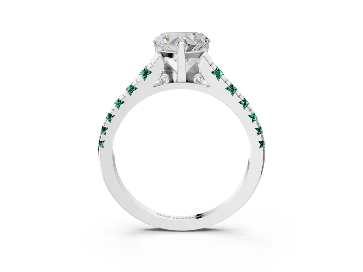 Heart Cut Diamond Cathedral Solitaire Ring with Round Green Sapphire Pavé Band Silver