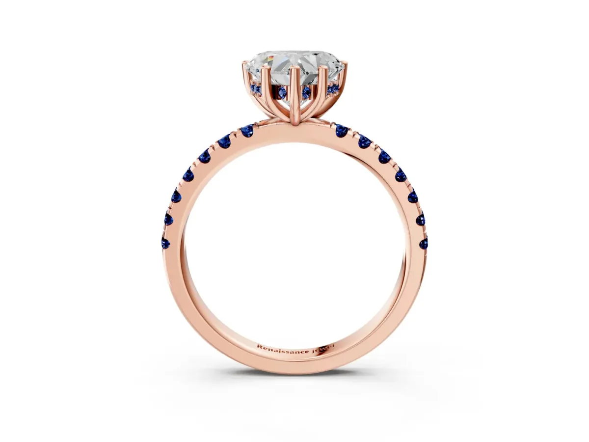 Heart Cut Diamond Pave Band Solitaire Ring with Round Blue Sapphire and Prong Setting Rose gold