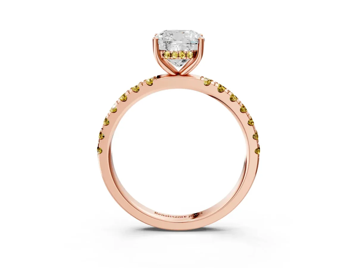 Cushion Cut Diamond Pave Band Solitaire Ring with Round Yellow Sapphire and Prong Setting Rose gold