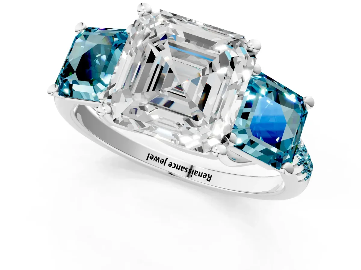 Three-Stone Asscher Cut Diamond Ring with Round Blue Topaz Pavé Band and Prong Setting White gold