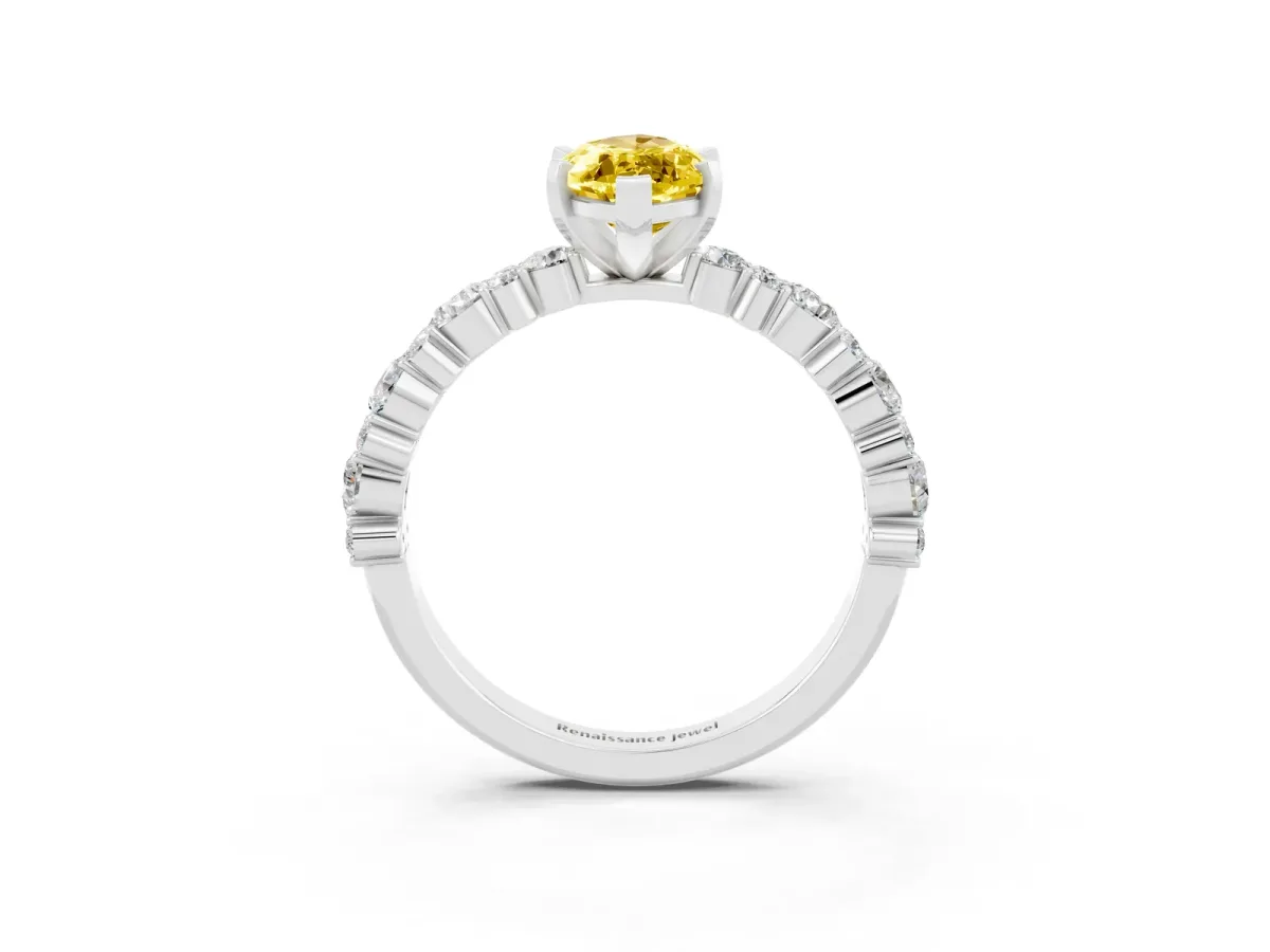 Marquise Cut Yellow Sapphire Side Stone Solitaire Ring with Round and Four-Prong Setting White gold