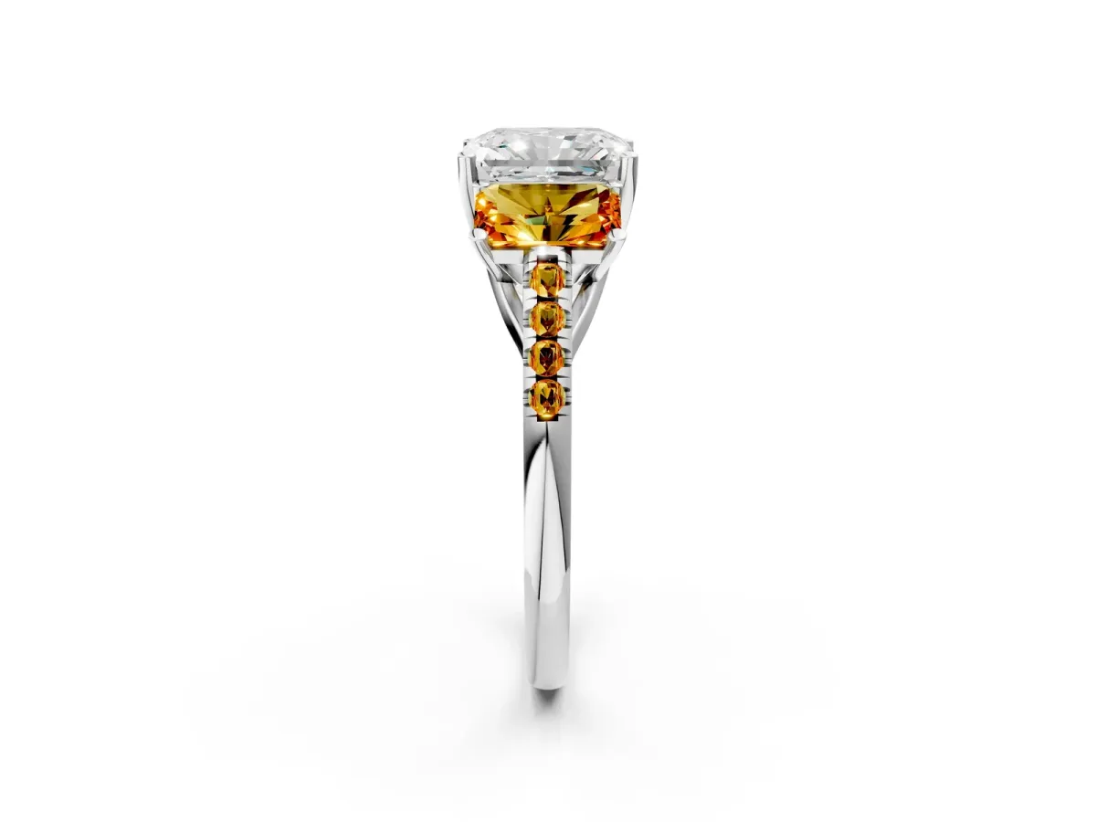 Three-Stone Radiant Cut Diamond Ring with Round Citrine Pavé Band and Prong Setting White gold