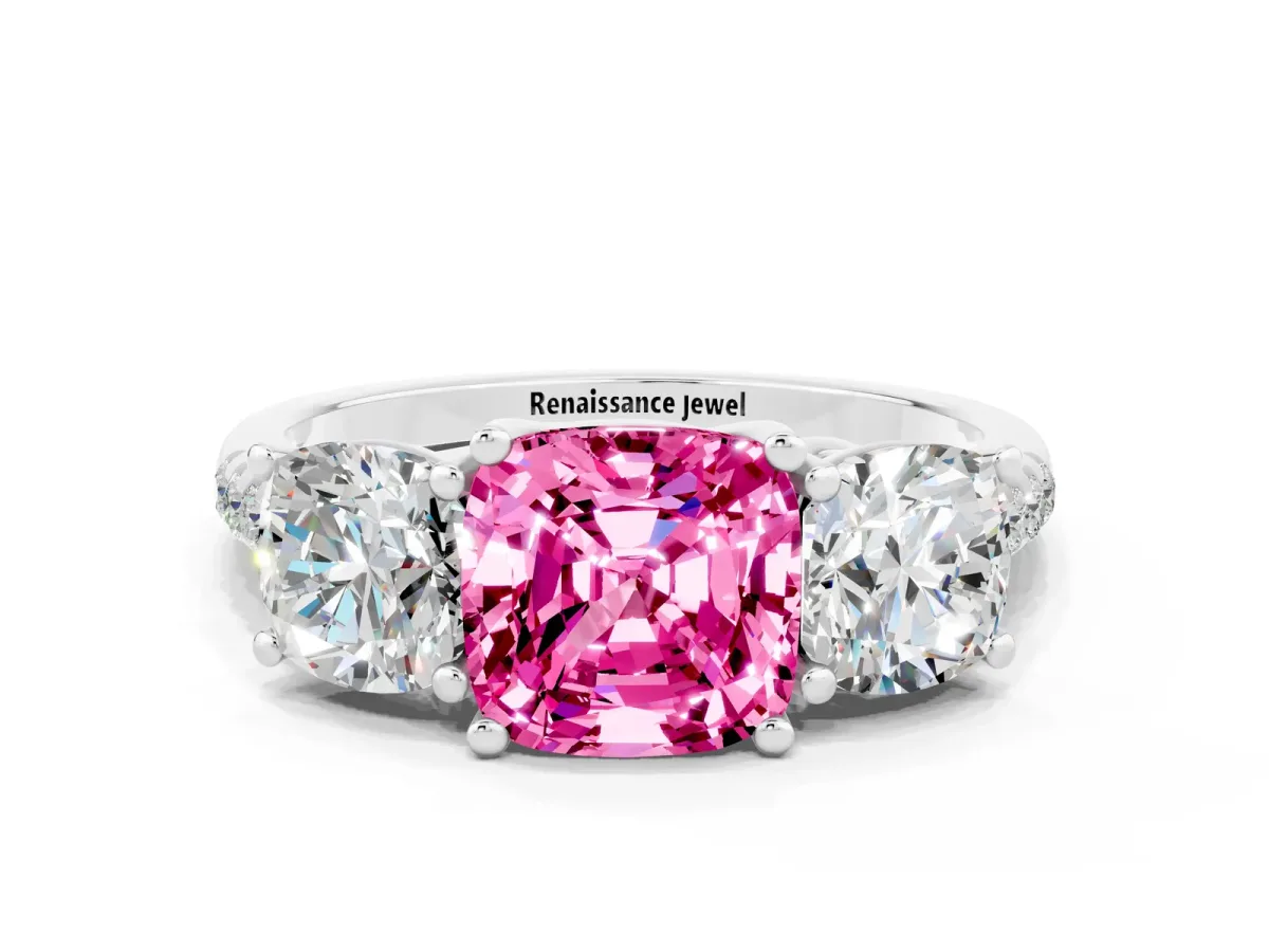 Three-Stone Cushion Cut Pink Sapphire Ring with Round Pavé Band and Prong Setting Platinum