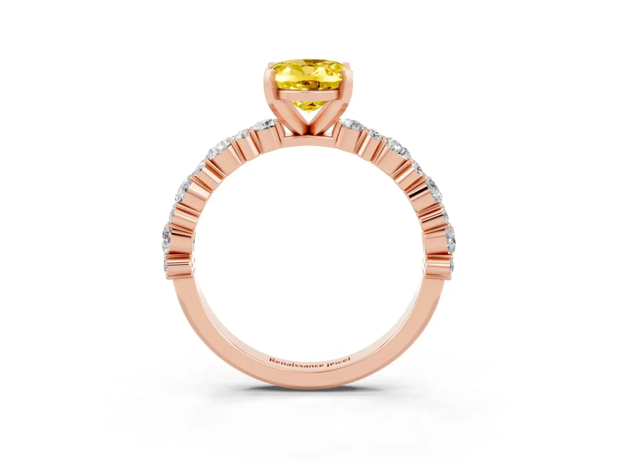 Oval Cut Yellow Sapphire Side Stone Solitaire Ring with Round and Four-Prong Setting Rose gold