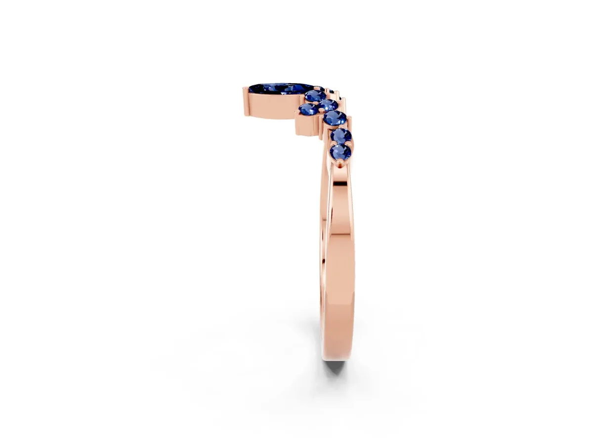 Marquise and Round Blue Sapphire Chevron Band with Prong Setting Rose gold