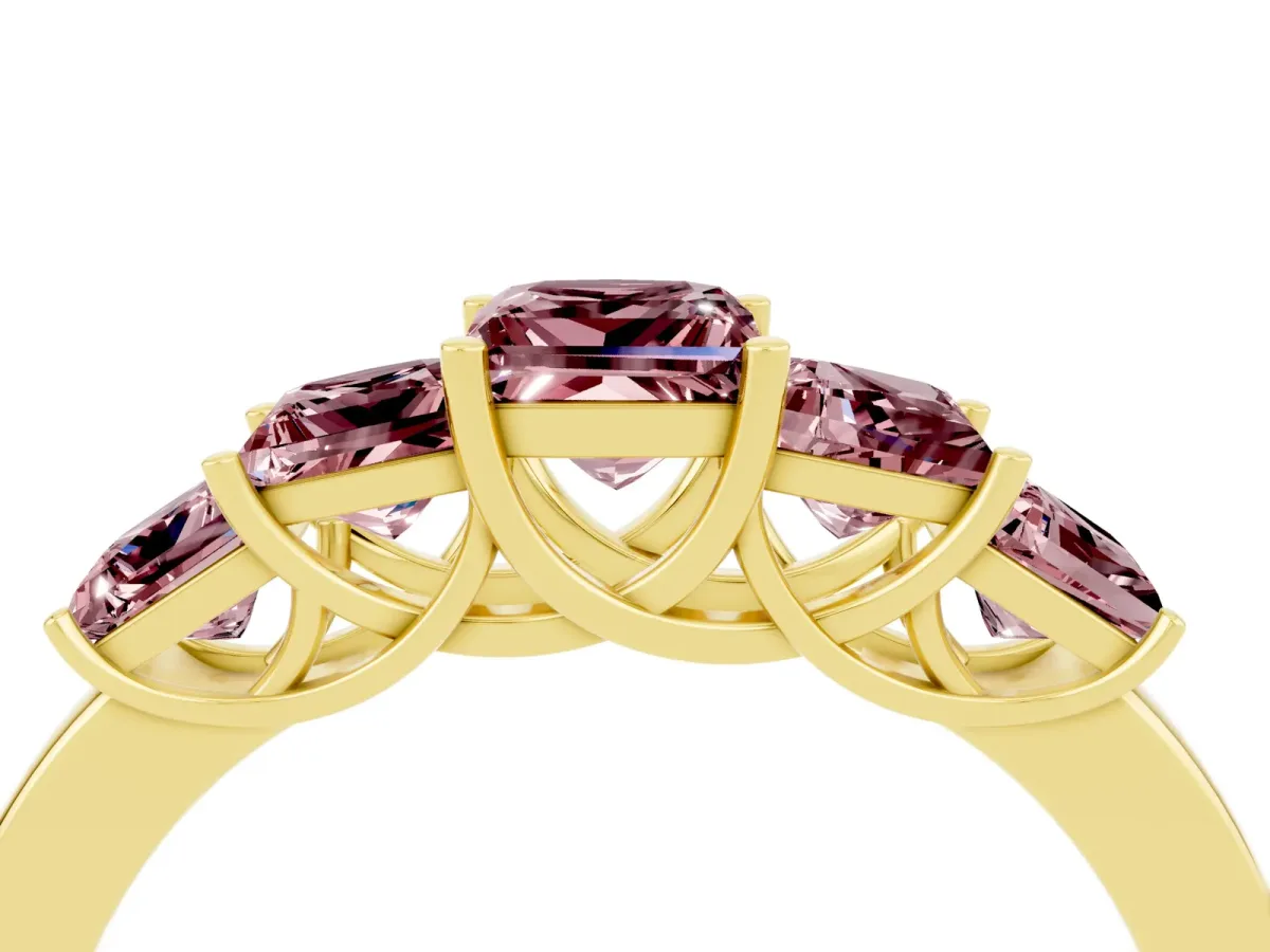 Princess Cut Five-Stone Morganite Ring with Classic Prong Setting Yellow gold