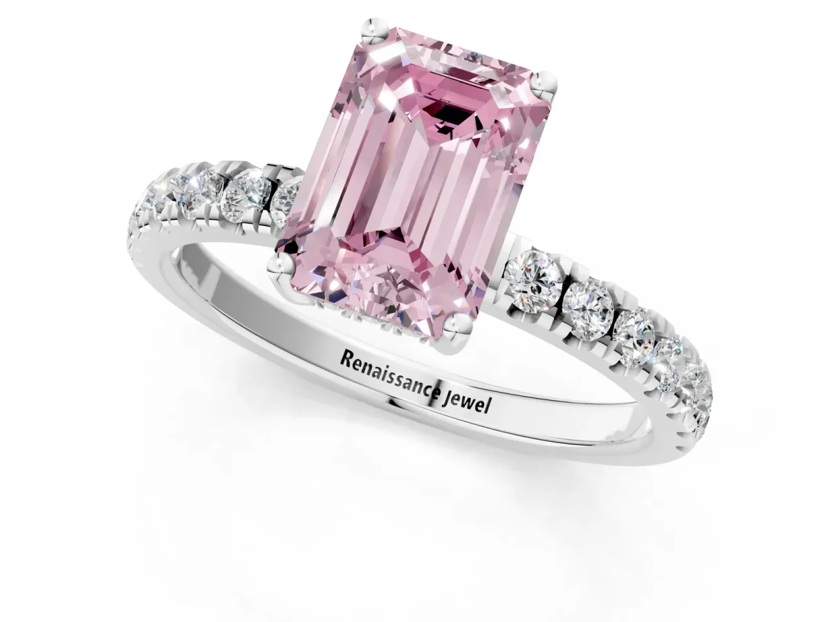 Fancy Pink Emerald Cut Diamond Pave Band Solitaire Ring with Round and Prong Setting Silver