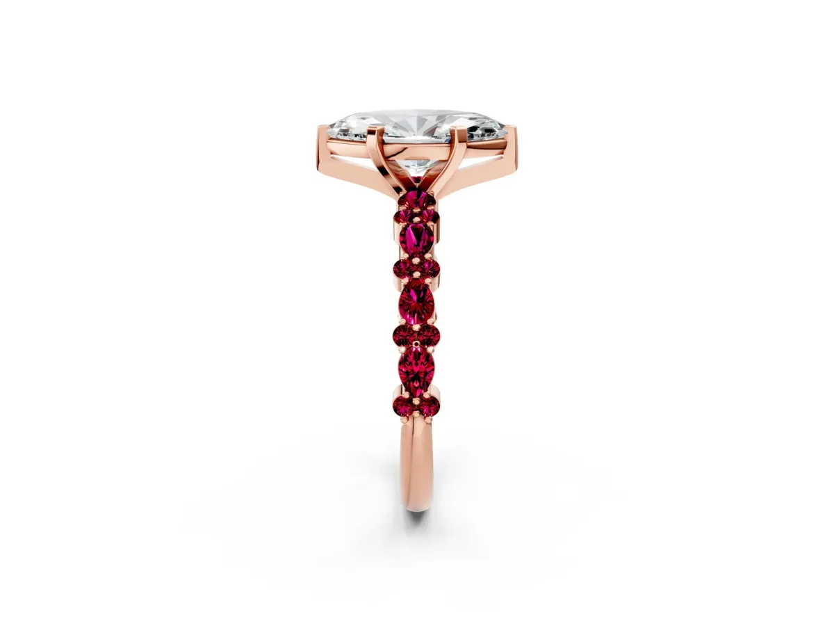 Marquise Cut Diamond Side Stone Solitaire Ring with Round Garnet and Four-Prong Setting Rose gold
